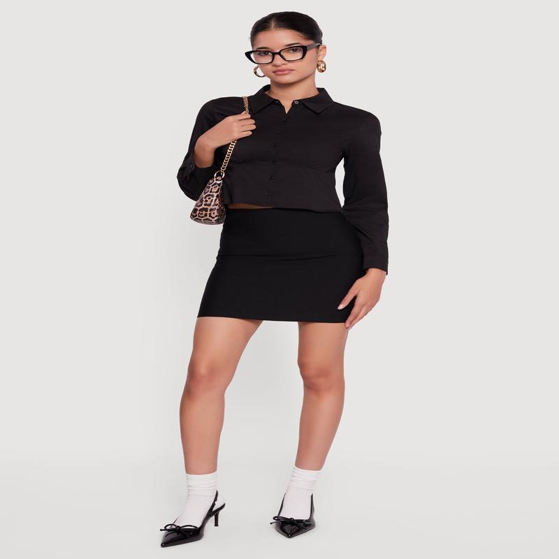 Poplin Cropped Long Sleeve Button Front Shirt