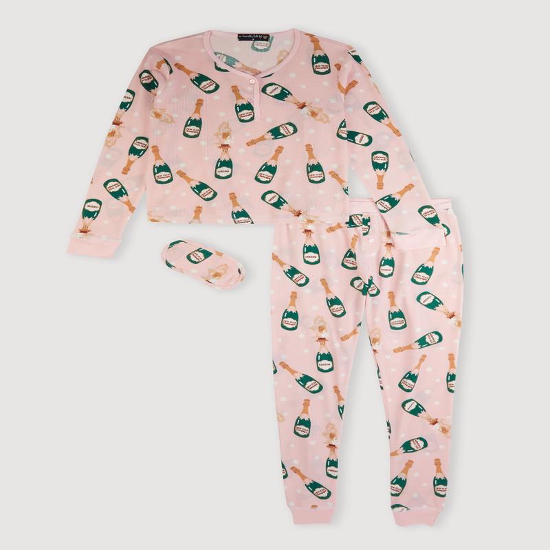 Champagne Print Pajama Gift Set with Eye Mask