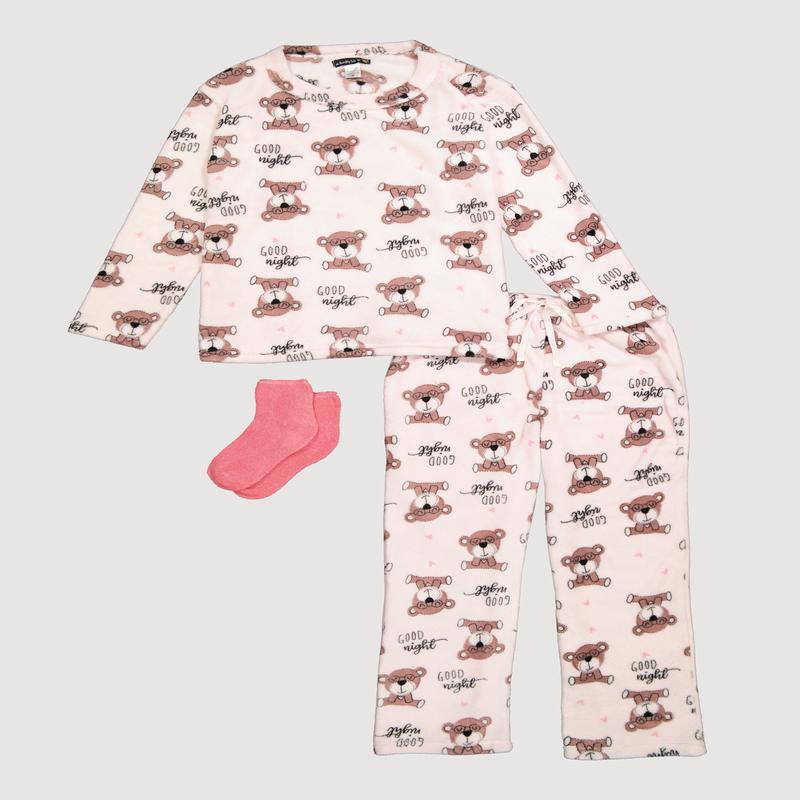 Cozy Plush Teddy Bear Print 3 Piece Pajama Gift Set
