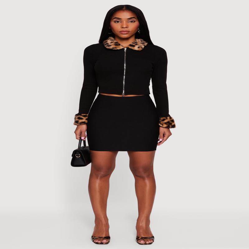 Leopard Print Faux Fur Trim Zip Front Crop Top