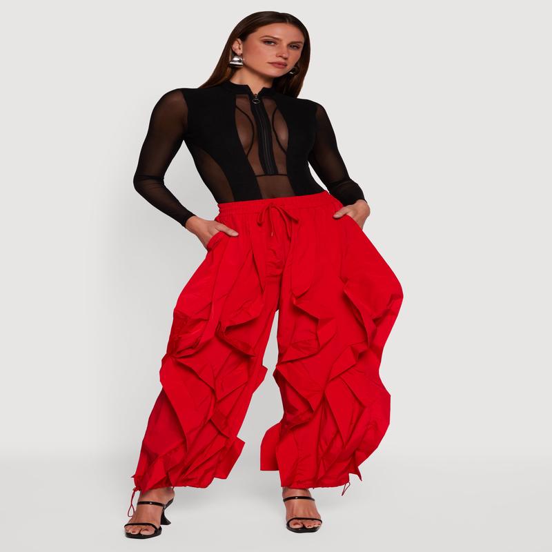 Drawstring Waist Ruffle Parachute Pants