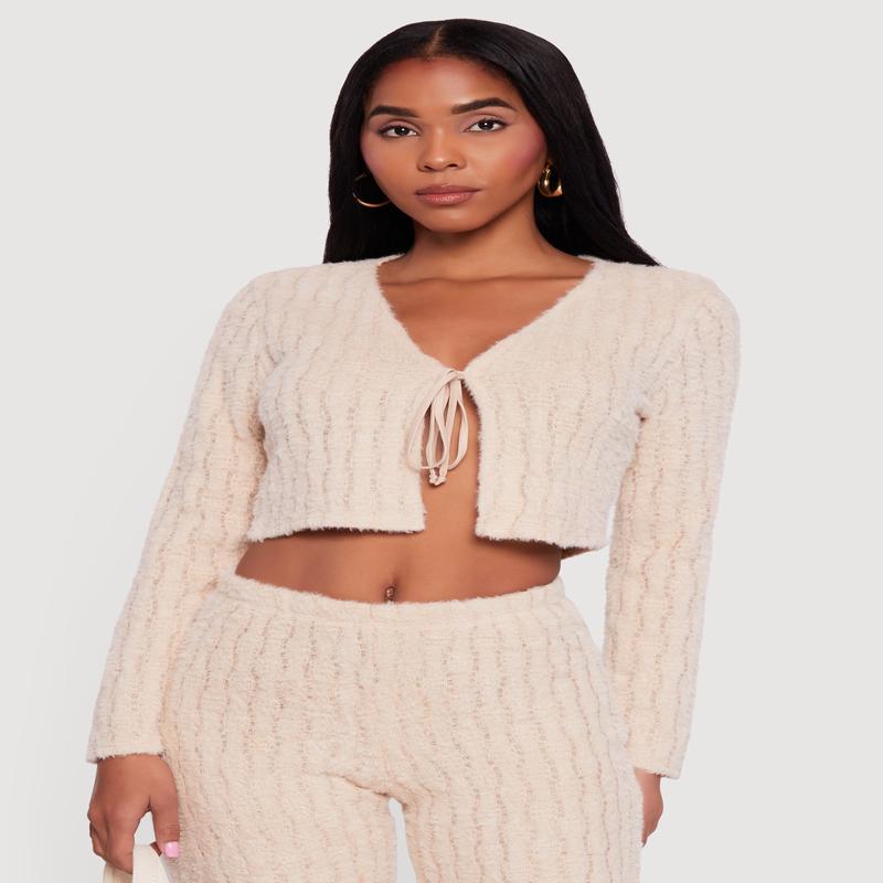 Eyelash Knit Tie Front Long Sleeve Crop Top