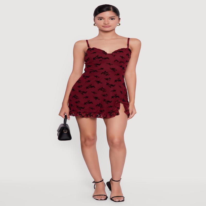 Floral Velvet Burnout Ruffle Hem Mini Dress