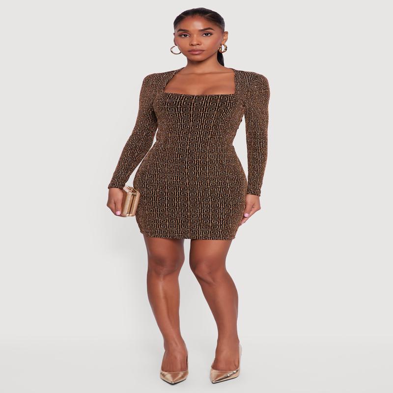 Greek Key Lurex Long Sleeve Open Tie Back Mini Dress