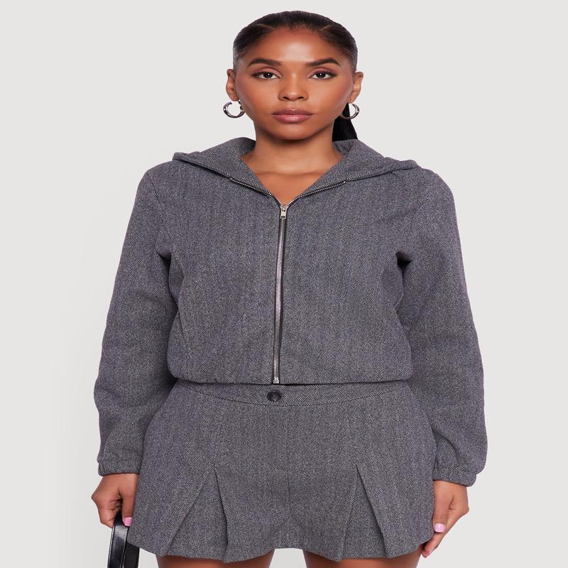 Herringbone Zip Front Elastic Hem Jacket