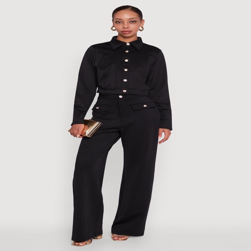 Scuba Pocket Detail High Waisted Wide Leg Pants