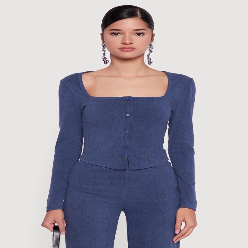 Brushed Knit Long Sleeve Square Neck Top