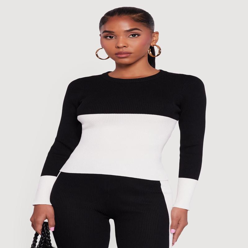 Color Blocked Ribbed Knit Long Sleeve Sweater