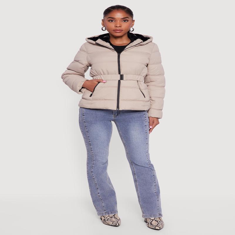 Faux Fur Lined Hooded Puffer Jacket with Belt