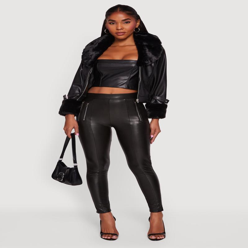 Faux Fur Trim Faux Leather Jacket