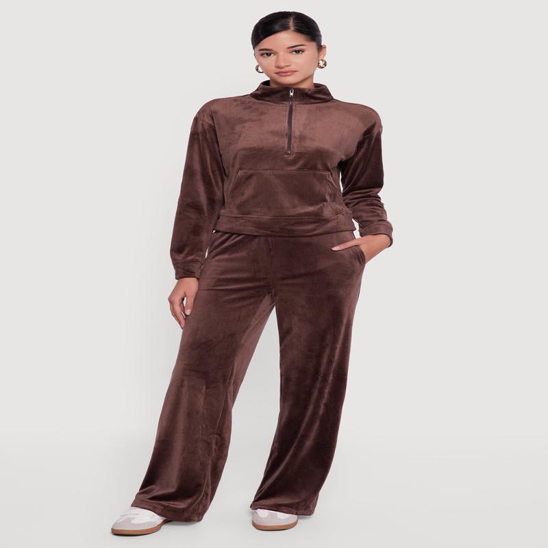 Ribbed Velour Drawstring Waist Wide Leg Sweatpants