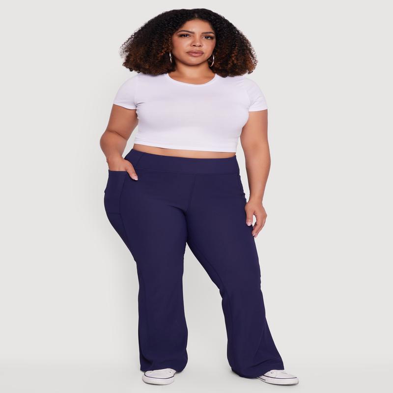 Plus Size High Waisted Ribbed Knit Flare Leg Active Pants