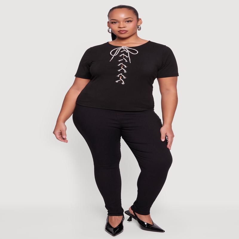 Plus Size Rhinestone Lace Up Front Ribbed Knit Top