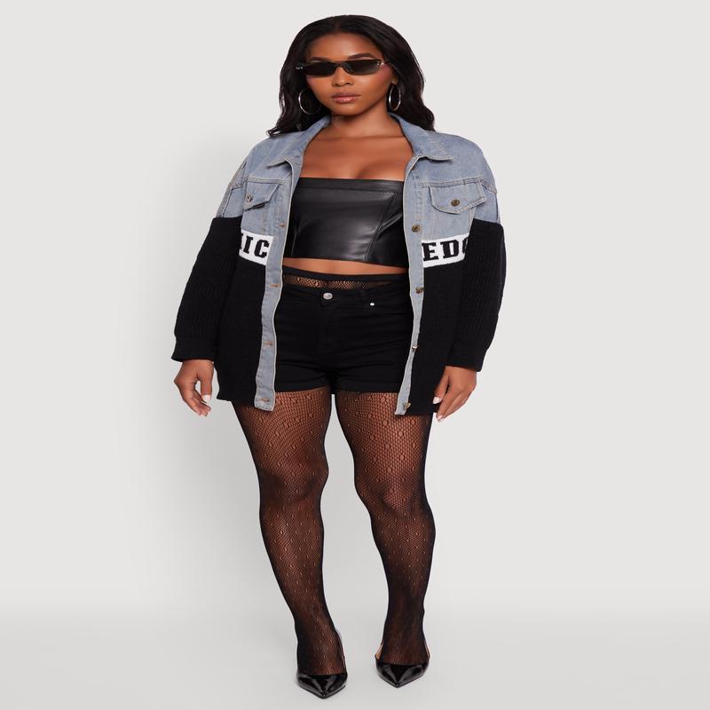 Color Block Chic Graphic Knit Denim Jacket