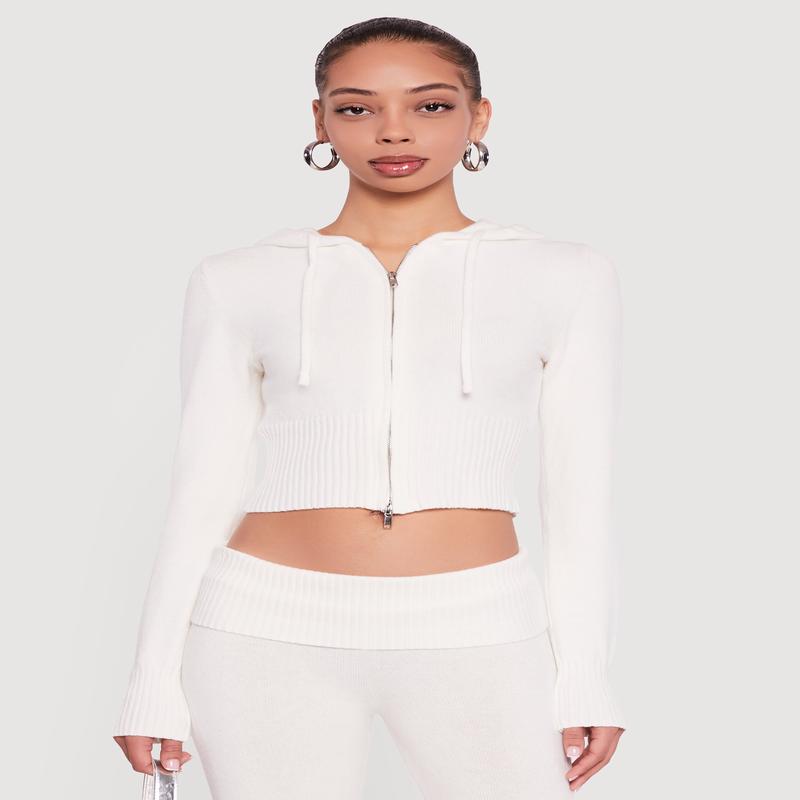 Cropped Ribbed Knit Zip Front Hooded Cardigan