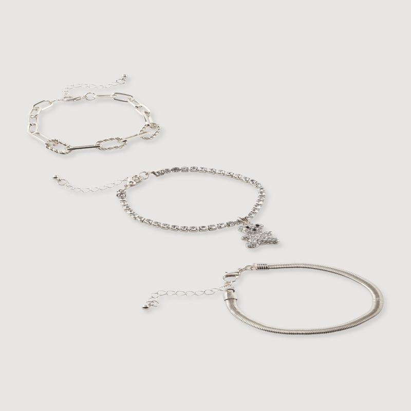 Rhinestone Bear Charm Bracelet Trio