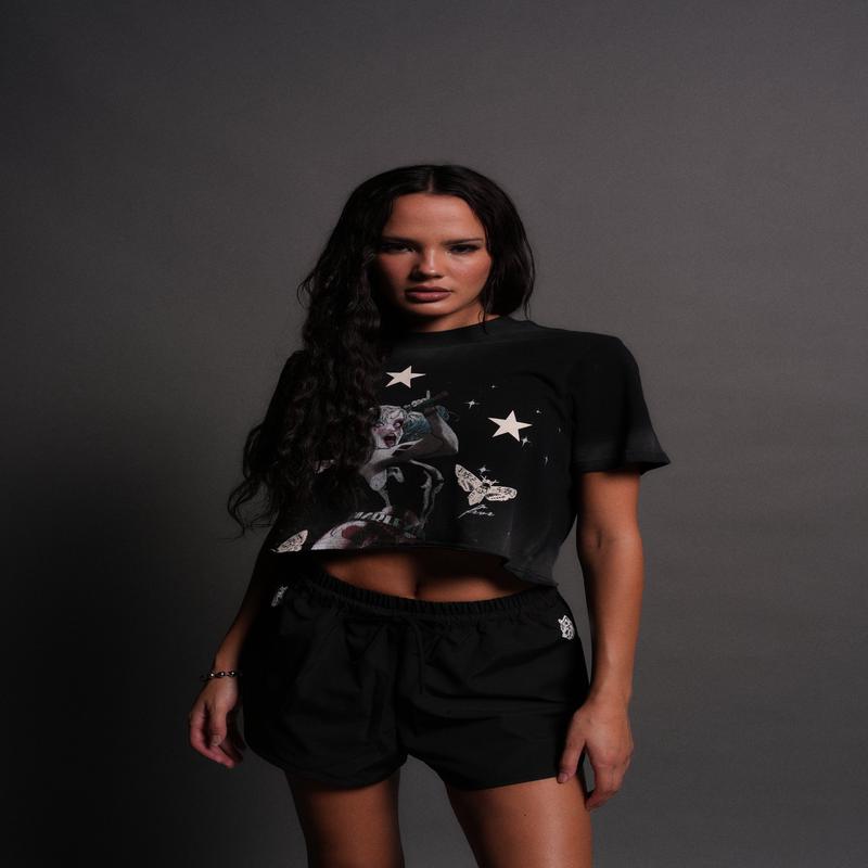 She's a Star "Premium" Oversized Cropped Tee in Black Drift Wash