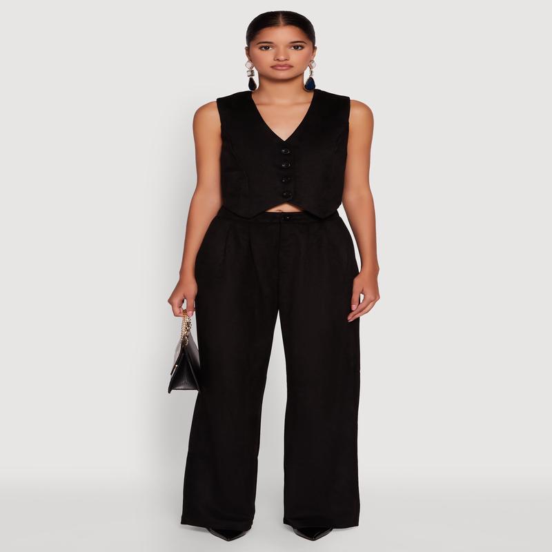 Faux Suede High Waist Pleated Dress Pants