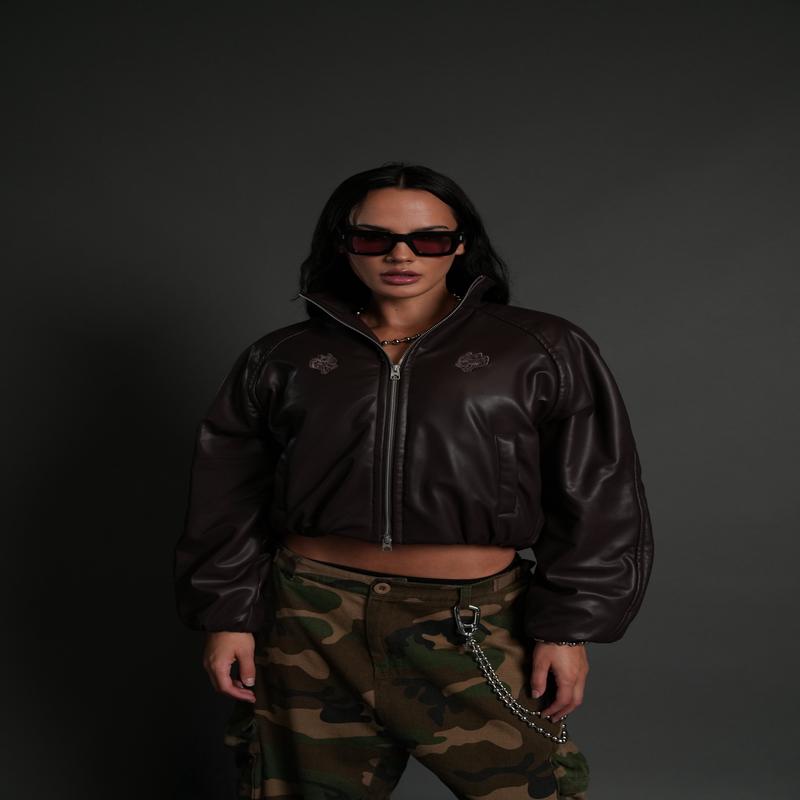 Dual Wolf Chopper Sofia Faux Leather Bomber Jacket in Darc Garnet