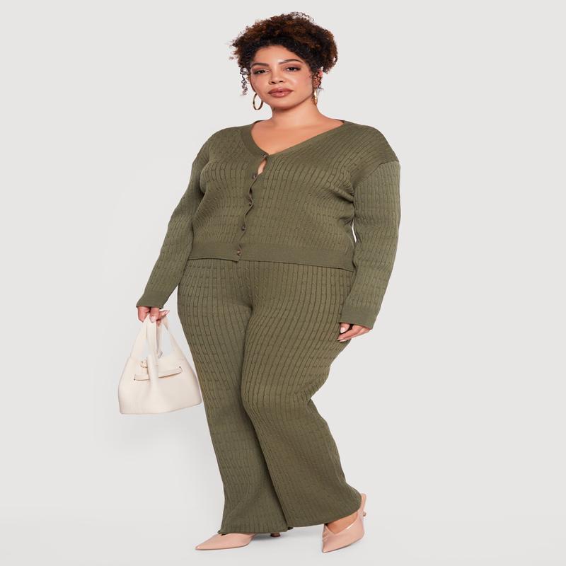 Plus Size Cable Knit Drawstring Waist Pull On Pants