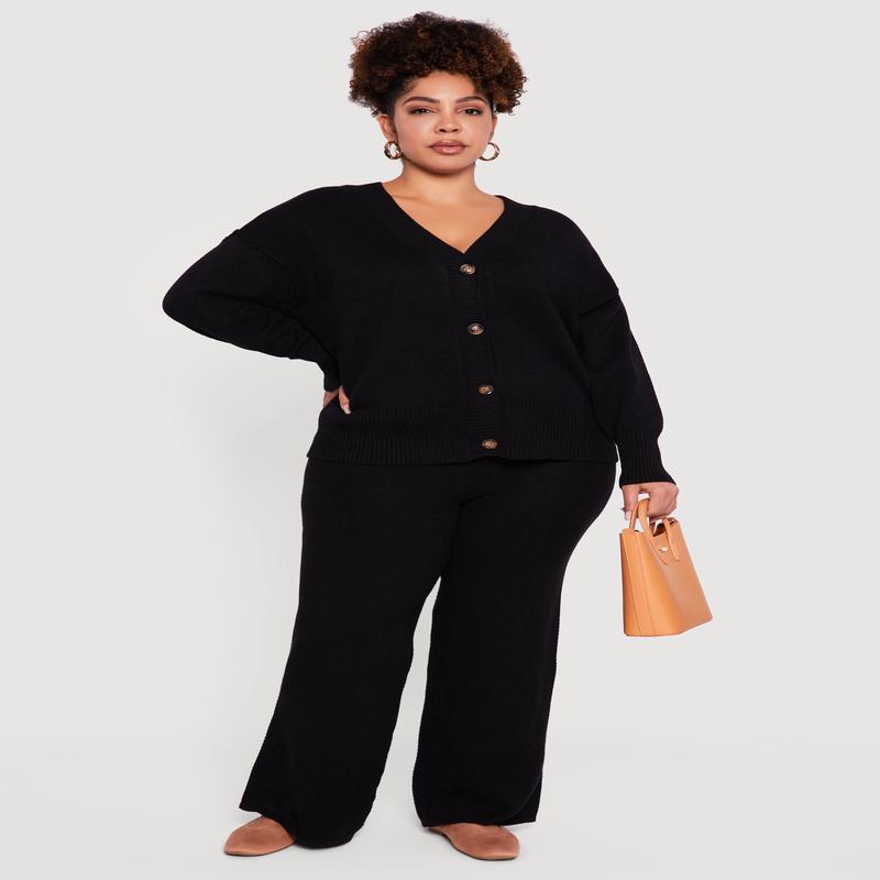 Plus Size High Waisted Textured Knit Wide Leg Pants