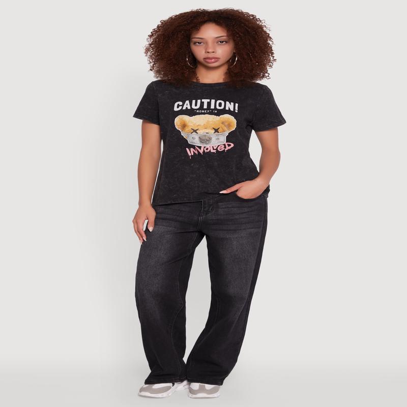 Acid Wash Teddy Bear Caution Graphic Crew Neck Tee