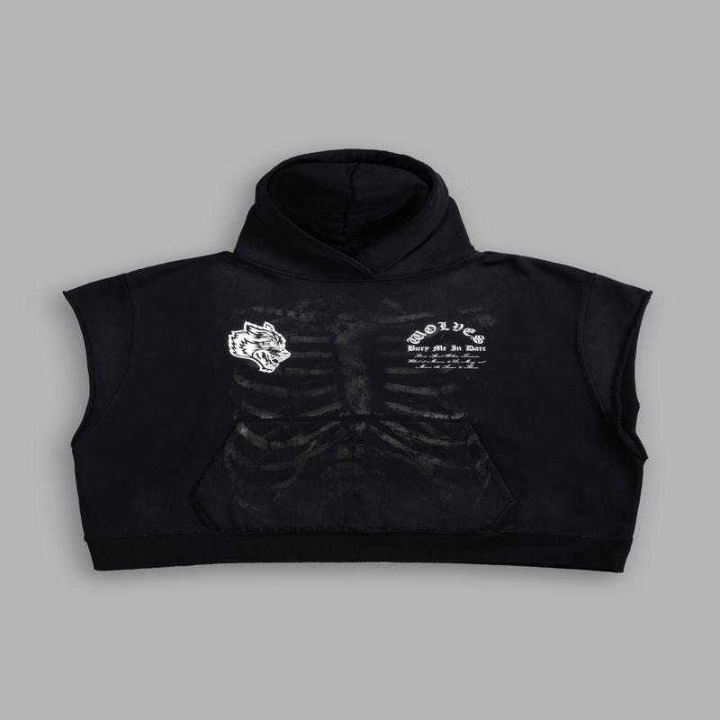 Bones Destroyed Grunge Gage Cap Sleeve Hoodie in Black Drift Wash