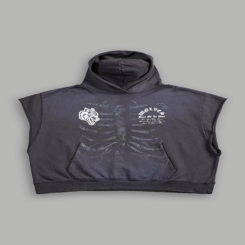Bones Destroyed Grunge Gage Cap Sleeve Hoodie in Wolf Gray Drift Wash