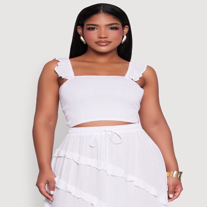 Chic Gauze Knit Ruffle Strap Crop Top with Square Neck