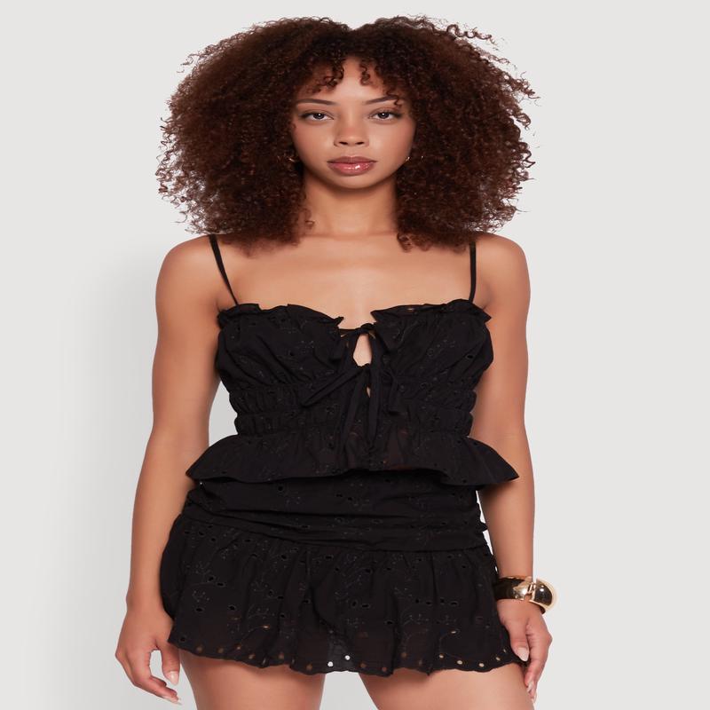 Haute Monde Eyelet Tie Front Keyhole Peplum Crop Top