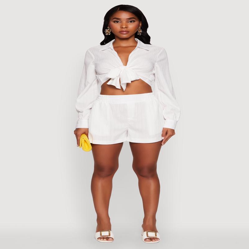 Trendy High Waisted Textured Knit Shorts with Pockets