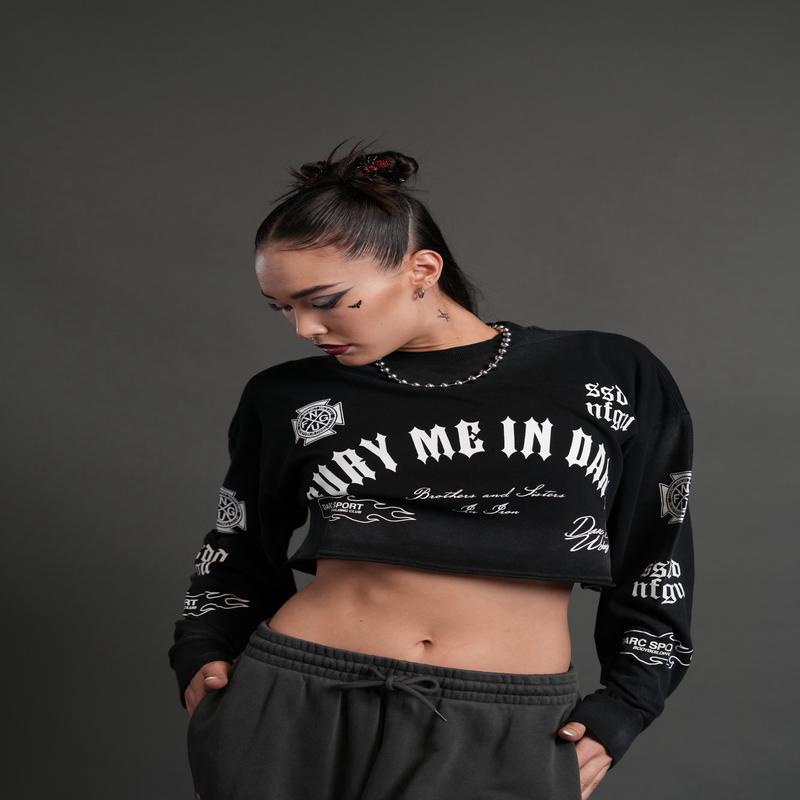 Wolves For Life "Premium" Oversized Cropped L/S Tee in Black Drift Wash