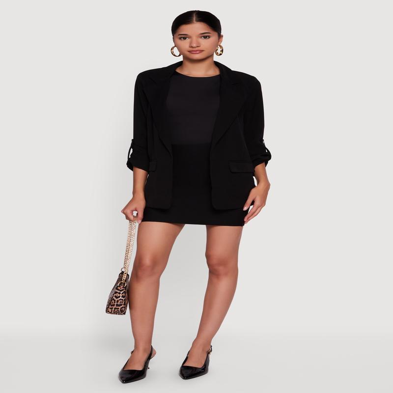 Tabbed Roll Cuff Sleeve Crepe Knit Blazer