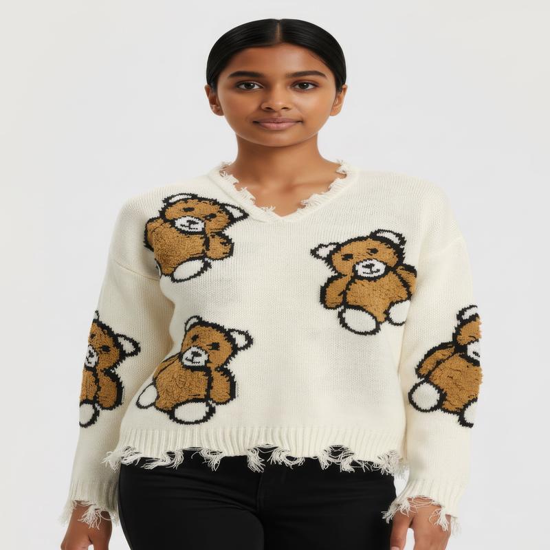 Girls Frayed Teddy Bear Graphic Sweater