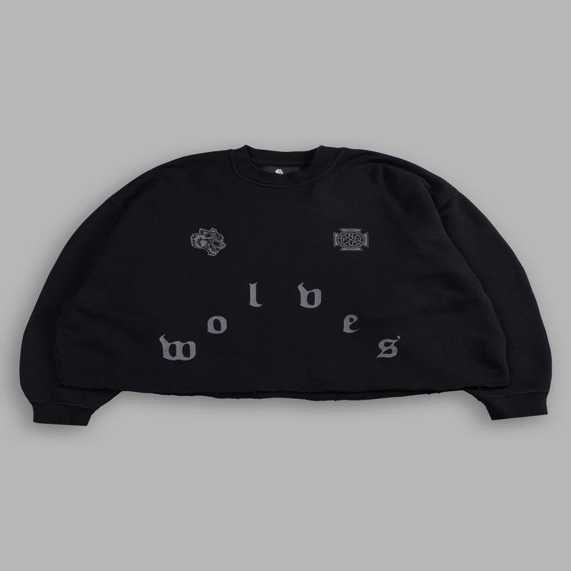 Pyramid Wolves Raw Hem "Box Cut" Crewneck in Black