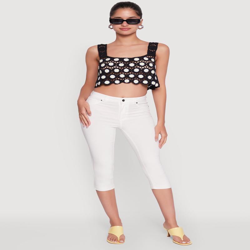 Crochet Daisy Print Sleeveless Crop Top