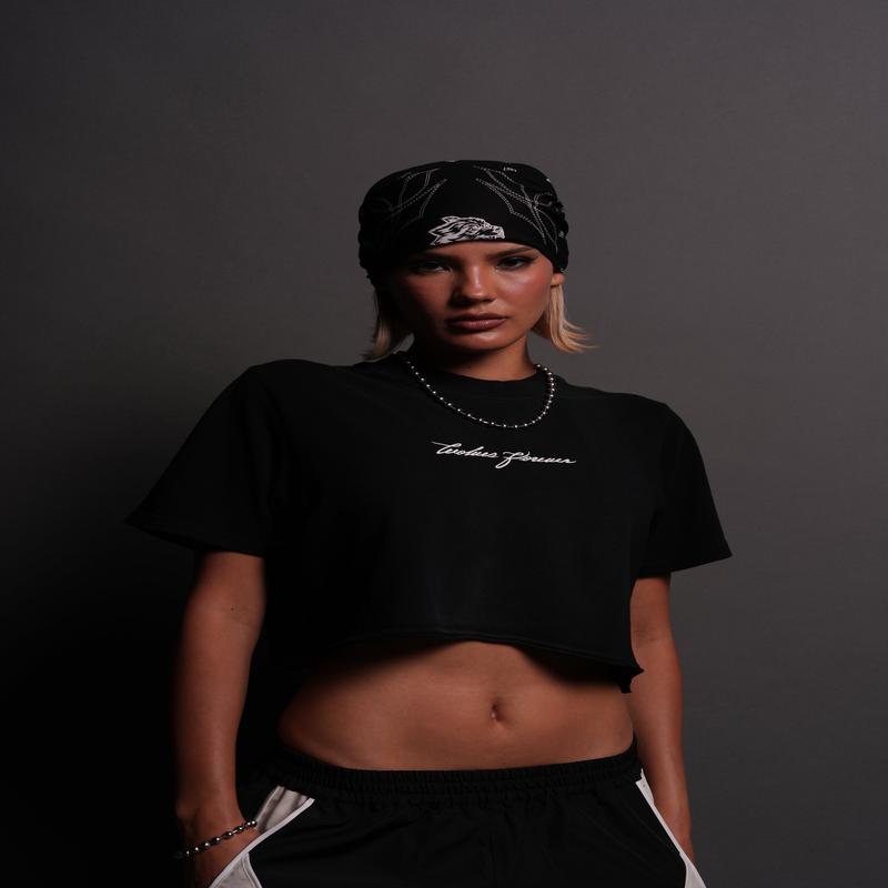 Our Script "Premium" (Cropped) Tee in Black Spine Sun Fade