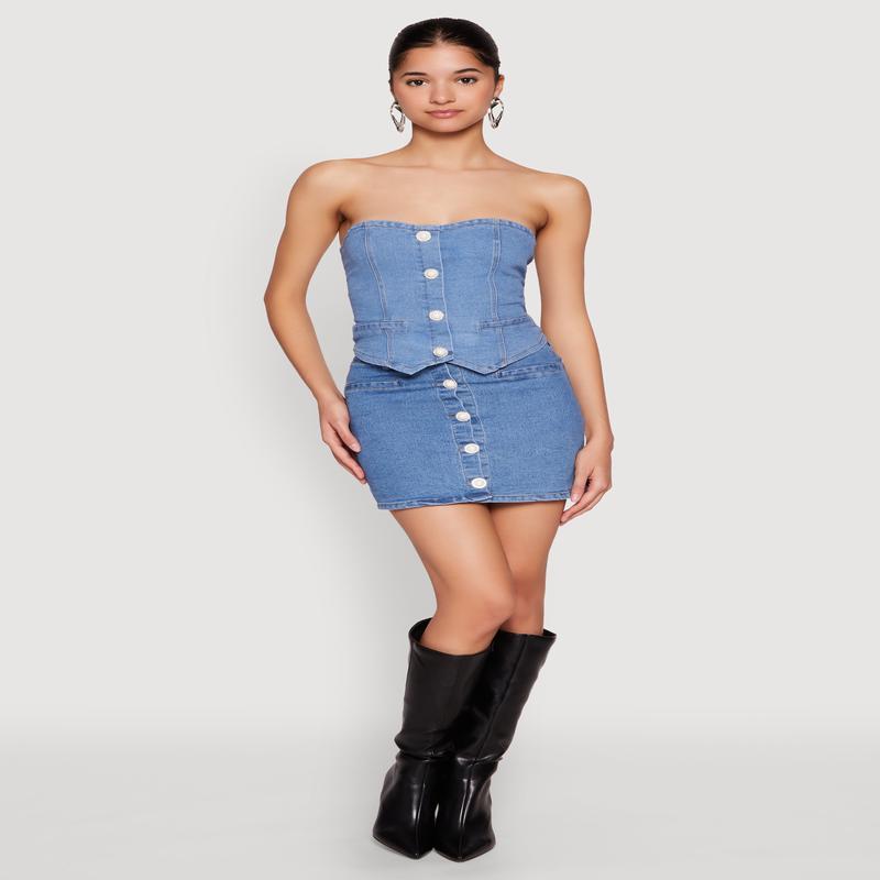 Faux Pearl Button Front Denim Skirt