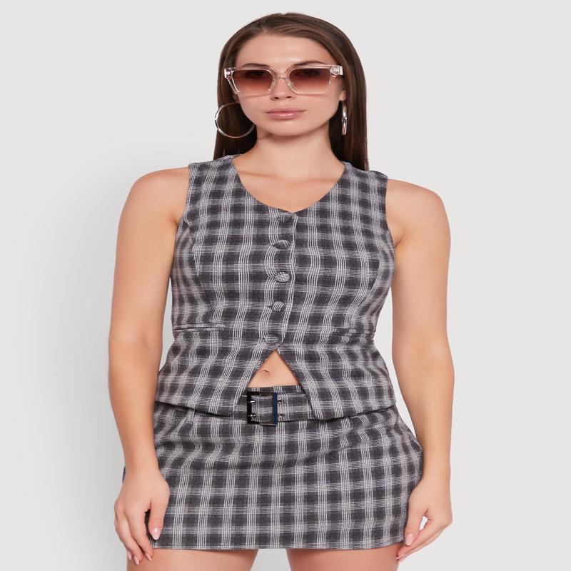 Fleece Plaid Button Front V-Neck Vest