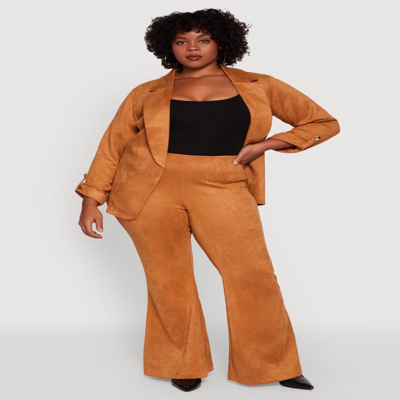 Plus Size High Waisted Faux Suede Flare Dress Pants