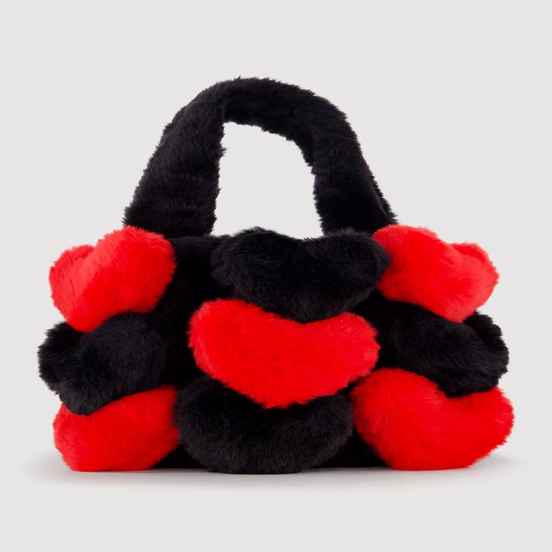 3D Color Block Hearts Faux Fur Hand Bag