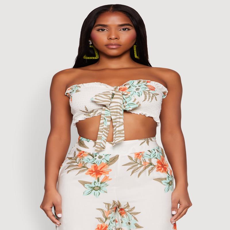 Floral Smocked Tie Front Tube Top