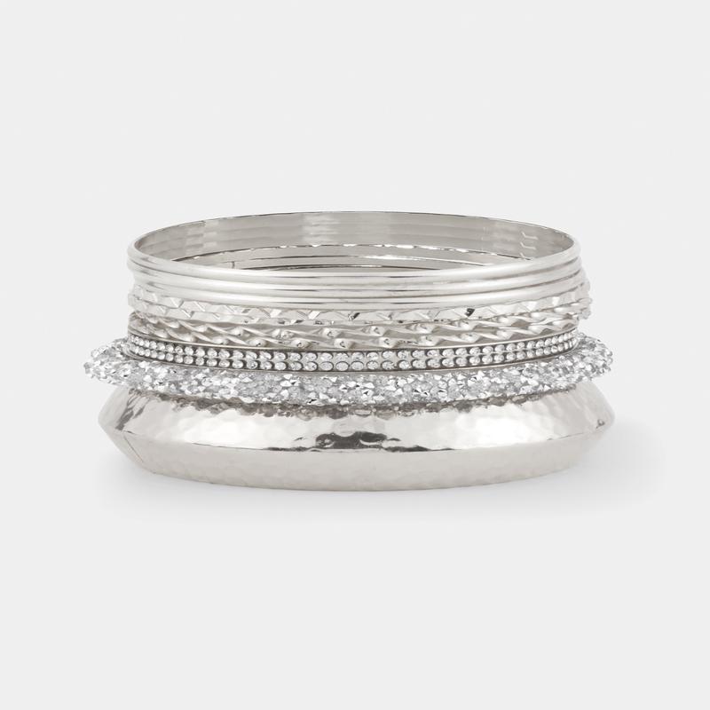 Plus Size Assorted Rhinestone Metallic Bangle Set of 10