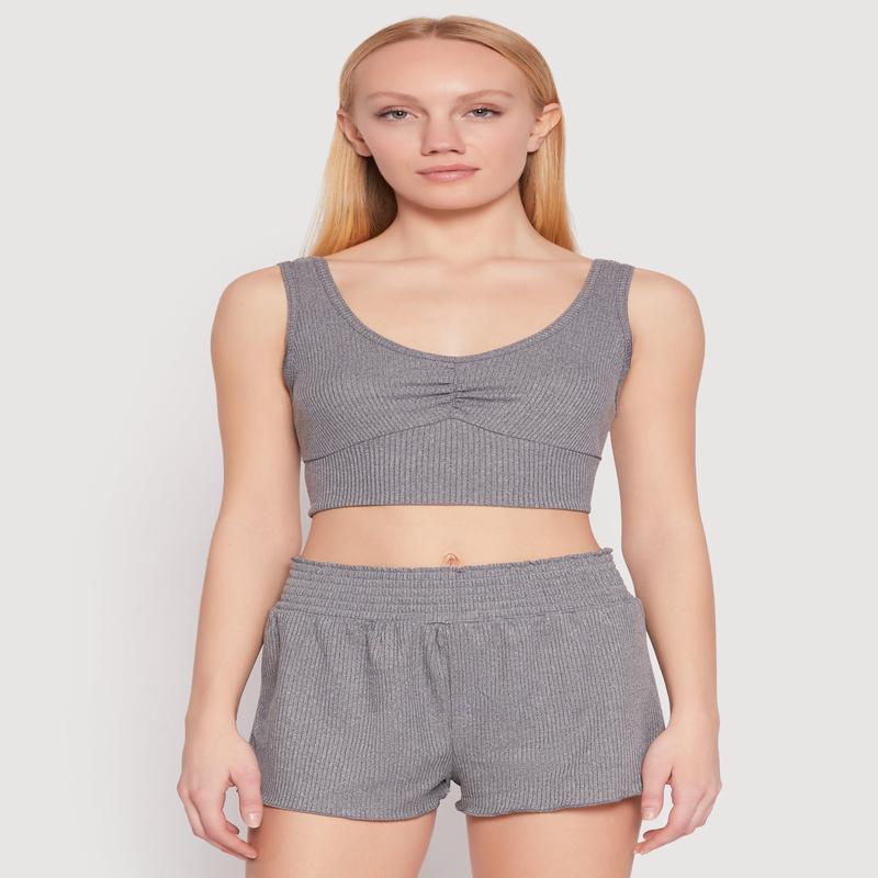Ribbed Knit Ruched Pajama Tank Top and Smocked Shorts