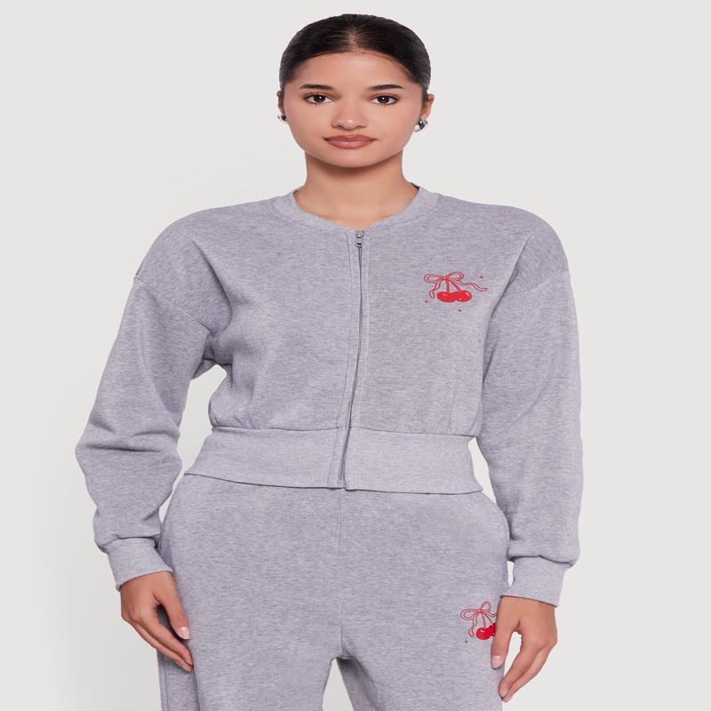 Cherry Bow Graphic Detail Zip Front Sweatshirt