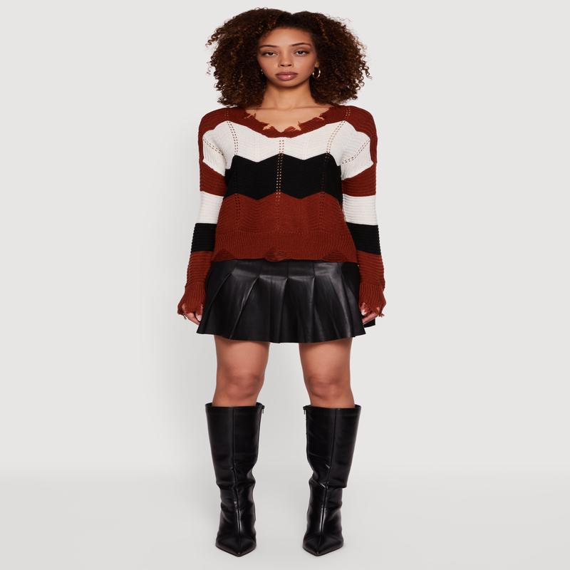 Color Block Chevron Frayed Pointelle Sweater