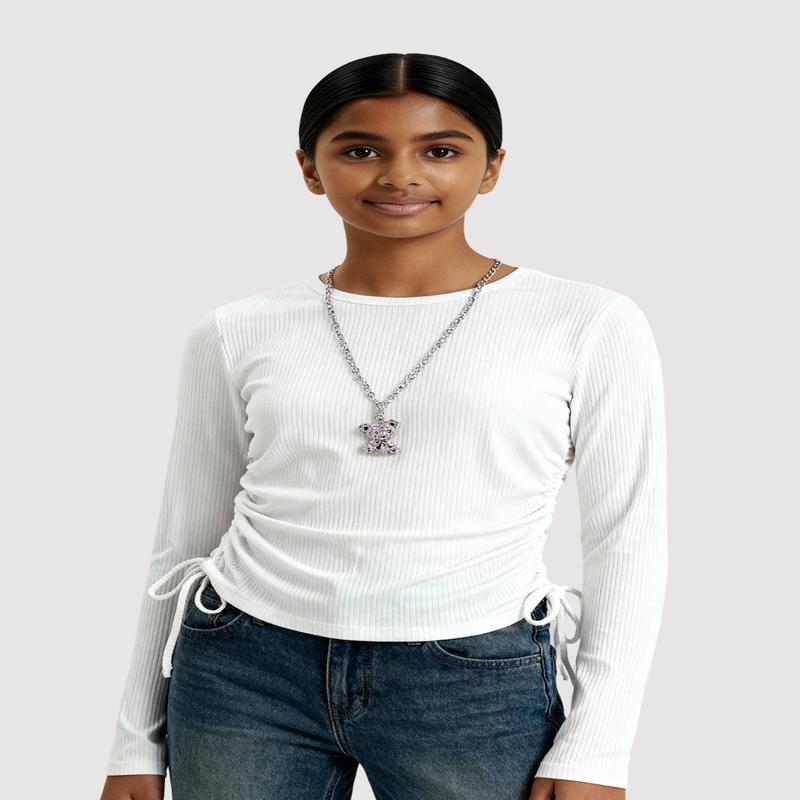 Girls Removable Rhinestone Bear Necklace Ribbed Knit Tee