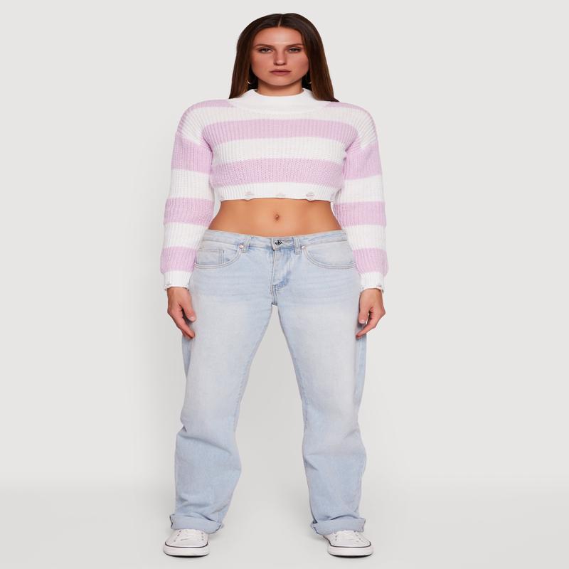 Striped Long Sleeve Mock Neck Cropped Sweater