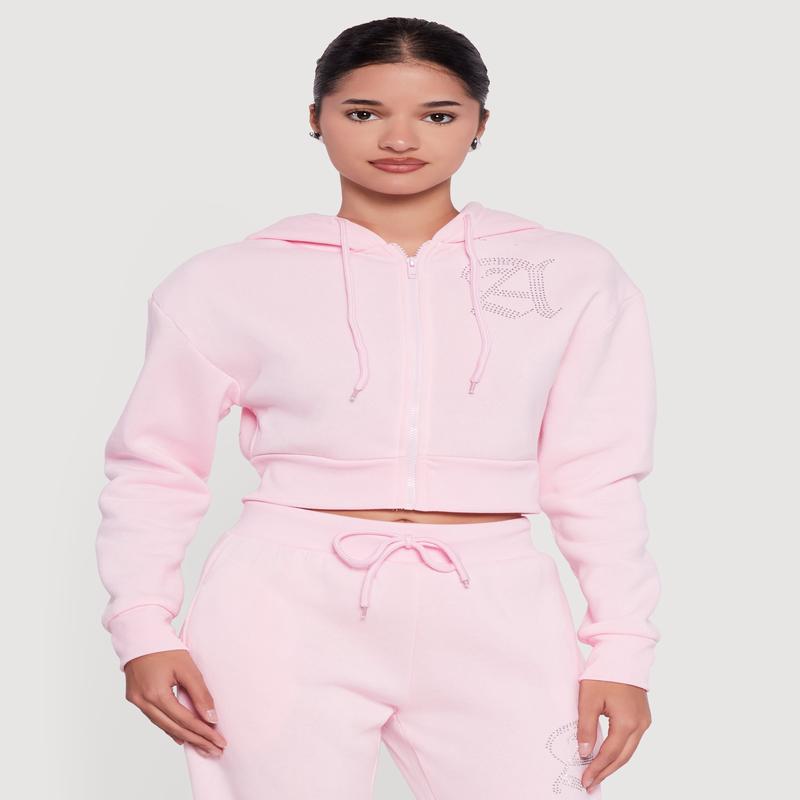 Angel Rhinestone Zip Front Cropped Hoodie