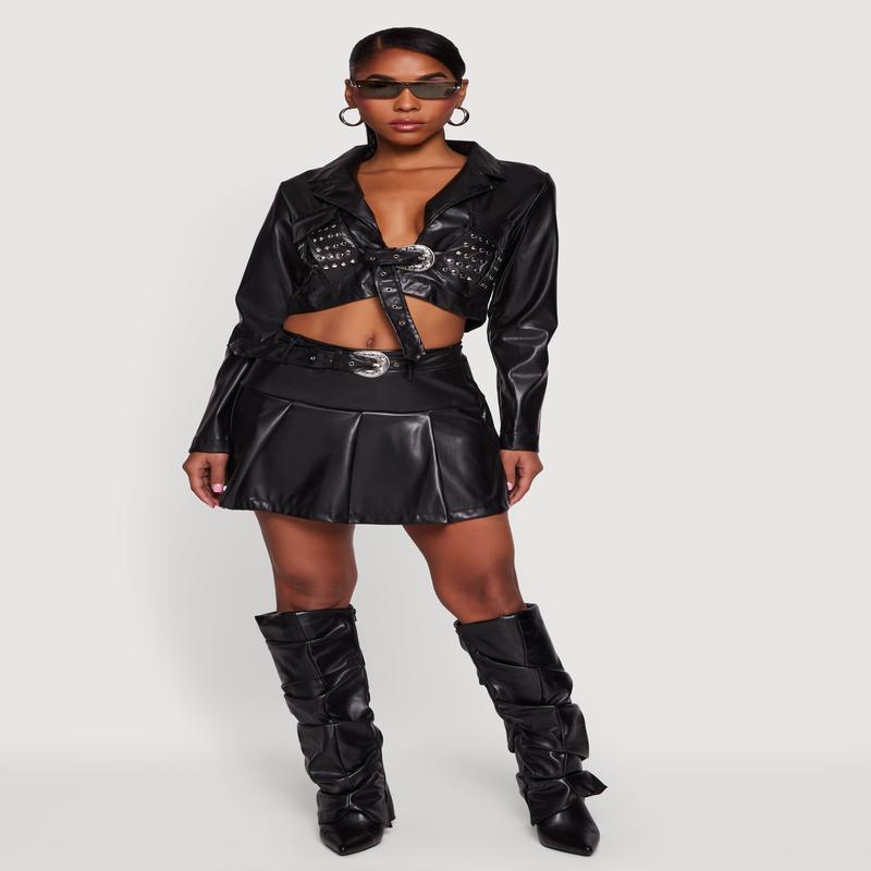 Belted Faux Leather Drop Waist Pleated Skirt